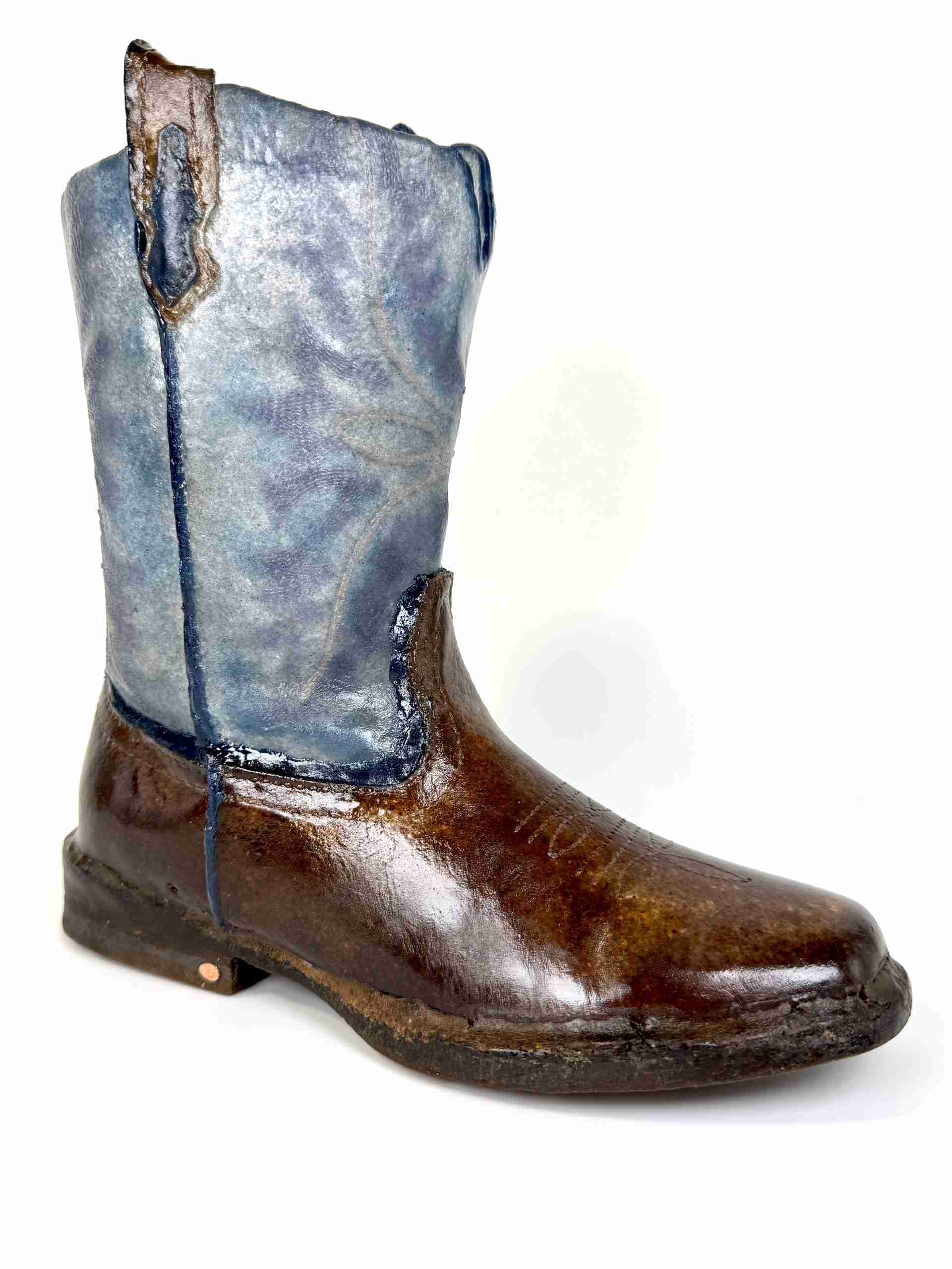 Glass Cowboy boot with a blue angle and wheat pattern and a brown leather shoe, created by Dori Settles